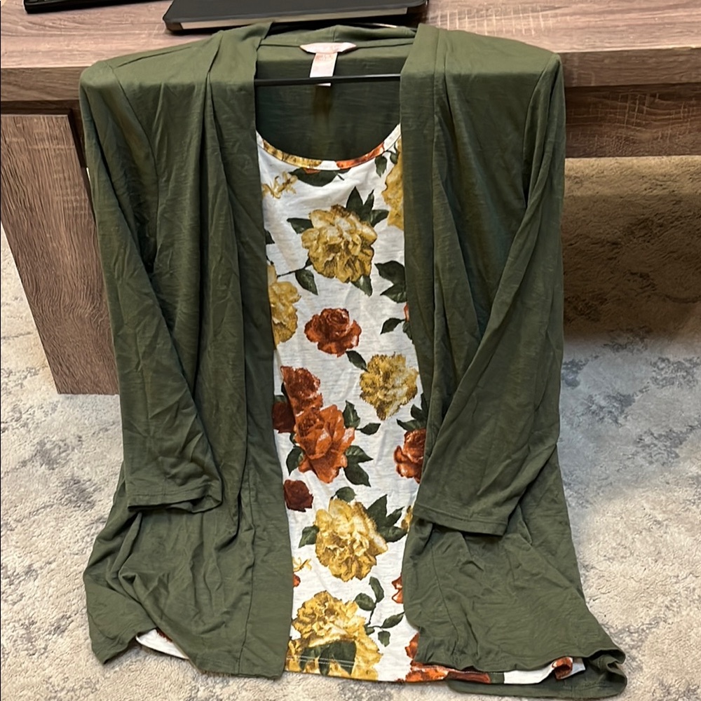 Floral Dress with Green Cardigan